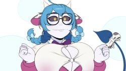 1girls 2026 animated black_sclera blue_hair buckteeth button_pop cow_ears female female_focus female_only final_fantasy_vii funny gritted_teeth imminent_wardrobe_malfunction indie_virtual_youtuber nerdy nerdy_female pigtails sharp_teeth solo solo_female solo_focus sugarbugtrash tagme tail tiefling tiefling_girl video white_body white_skin yellow_eyes yomi_quinnley