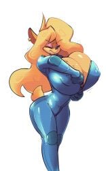 anthro big_breasts bigdad blonde_hair bodysuit closed_eyes crash_bandicoot_(series) darnact ear_piercing female huge_breasts jdwalkrat large_breasts long_hair scanlines solo standing struggling_to_fit tail tawna_bandicoot voluptuous white_background