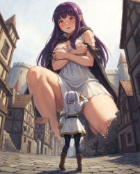 ai_generated covering_breasts destruction embarrassed fern_(sousou_no_frieren) frieren frieren_beyond_journey's_end giantess macro ripped_clothing town