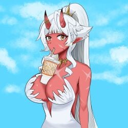 1girl akumi bangs bare_shoulders breasts cleavage cup disposable_cup drinking drinking_straw eyebrows_visible_through_hair horns indie_virtual_youtuber jewelry large_breasts long_hair looking_at_viewer oni oni_horns pointy_ears ponytail red_skin solo virtual_youtuber vyugen white_hair