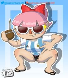 1girls animal_crossing animal_crossing_girl argentina bow digital_media_(artwork) female female_only glasses human independence_day_(argentina) jackintaro joy_(jackintaro) light-skinned_female light_skin nintendo pink_hair ponytail red_bow ribbon sandals soccer_uniform sunglasses tied_hair villager_(animal_crossing)