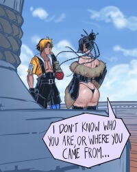 ass ass_focus back_view black_hair braids coat davecavedraws dialogue final_fantasy final_fantasy_x fluffy large_ass lulu_(final_fantasy) no_pants panties pantsless small_panties thick_thighs thighhighs thighs tidus