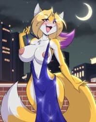 1girls anthro areola_slip big_breasts blush dress exposed_breasts female female_only fox furry knuckle_up! looking_at_viewer makeup mastergodai moon_sango nipples rascals smile solo yellow_fur
