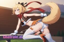 1girl 2_tails ai_assisted ai_generated arched_back aroused_face big_balls blushing bows cheerleader_outfit cock_ring crop_top cumming cute_face deepthroat erect_cock eye_shadow fat_ass femboy flat_chest gay hard_cock highres large_cock masturbating masturbation micro_skirt mini_skirt orgasm overwhelming_pleasure panties plump_ass red_heels rezero round_ass