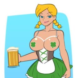 1girls 4_leaf_clover beer blonde_hair blue_eyes breasts clover_(totally_spies) four_leaf_clover green_dress light-skinned_female looking_at_viewer pasties samson_00 st._patrick's_day totally_spies twin_braids