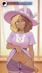 1girl 1girls 2026 ai_generated artist_name boobs breasts bust chest dark-skinned_female dark_skin electroworld epithet_erased green_eyes hat hi_res high_quality high_resolution highres lorelai_blyndeff navel patreon patreon_username shirt solo stable_diffusion tits watermark witch_hat