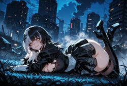 1girl ai_assisted ai_generated ass bangs black_footwear black_hair black_legwear black_skirt blush boots breasts building city city_lights cityscape cleavage curvaceous curvy curvy_female curvy_figure dress female gloves hair_ornament high_heel_boots high_heels hololive hololive_english large_breasts long_sleeves looking_at_viewer lying miyuai night on_stomach shiori_novella skirt sky skyscraper smile solo thick thick_ass thick_butt thick_hips thick_legs thick_thighs thigh_boots thighhighs voluptuous voluptuous_female wide_hips wide_thighs yellow_eyes