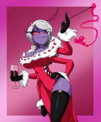 1girls 4_arms demon_girl fur_trim genderswap_(mtf) grey_hair hand_on_hip hazbin_hotel heart_symbol hellaverse large_breasts mature_female milf mole_on_breast purple_skin red_eyes rule_63 sandwich-anomaly slit_dress smoking stockings thick_thighs valentino_(hazbin_hotel) wine wine_glass