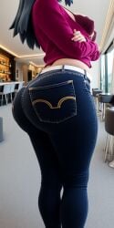 1girl 3d ai_generated belt big_ass blue_hair bra cardigan crossed_arms dark_jeans dawn_(pokemon) denim_jeans face_out_of_frame from_below from_side game_freak jeans lower_half nintendo pokemon pokemon_dppt pokemon_trainer pose puckered_lips realistic_textures seraphim_ai side_view solo solo_female standing thick_thighs tight_jeans white_belt