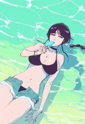 1girls artist_request big_breasts bikini bikini_bottom bikini_top black_hair bleach braid breasts busty curvy denim_shorts female female_only kurotsuchi_nemu lying_in_water open_shorts popsicle popsicle_in_mouth short_shorts shorts solo water