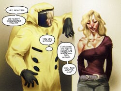 1boy 1boy1girl 1boys 1girl1boy 1girls 2_mouths artist_request backrooms belt big_breasts blonde blonde_female blonde_hair breasts clavicle cleavage english_text hazmat_suit lipstick off_shoulder red_lips red_lipstick speaking speech_bubble talking text the_backrooms two_mouths