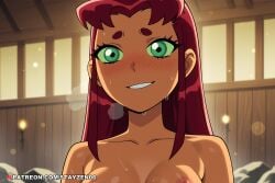 1girl ai ai_art ai_generated blush breasts close-up collarbone colored_sclera completely_nude green_eyes green_sclera indoors long_hair looking_at_viewer medium_breasts nipples nude onsen out-of-frame_censoring red_hair smile solo starfire_(dc) steam sweat teen_titans teeth thick_eyebrows upper_body wet