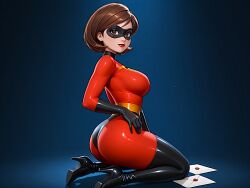 ai_generated ass breasts helen_parr kneeling latex_bodysuit latex_thighhighs looking_at_viewer the_incredibles thighs