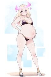 antlers bikini blonde_hair cleavage female female_only full_body horns long_hair looking_at_viewer lucifer_(monster_strike) medium_breasts monster_strike mukakinzero pale-skinned_female pale_skin pregnant purple_eyes sandals solo standing swimsuit thick_thighs wavy_hair