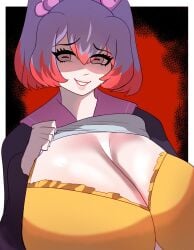 1girls big_breasts bra breasts danganronpa_another fanganronpa female female_only giant_breasts goat_eyes grinning grinning_at_viewer hyper_breasts large_breasts multicolored_hair only_female otonokoji_kanade pigtails purple_hair red_hair sdra2 shirt_lift solo solo_female super_danganronpa_another_2 tits_bigger_than_head twintails voluptuous_breasts yellow_bra