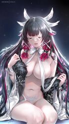 1girls :d areola_slip black_hair blush bottomless bow breasts closed_eyes coat columbina_(genshin_impact) eye_mask fatui female female_only fur-trimmed_coat fur_trim genshin_impact head_wings holding large_breasts long_hair multicolored_hair no_panties off_shoulder open_clothes open_coat open_mouth patreon_username pubic_tattoo red_hair rei_kun revealing_clothes sitting smile solo streaked_hair tattoo thighs two-tone_hair very_long_hair white_bow white_coat