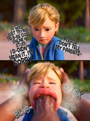 1boy1girl 3d background blacked blonde_hair blue_eyes buchukisu dark_skin dialogue face_fucking inside_out inside_out_2 instant_loss_2koma interracial large_penis light-skinned_female male/female oral penis pixar rebelrock riley_andersen size_difference sucking_penis teenager throat_fuck white_female
