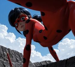 ai_art ai_assisted ai_generated blush cameltoe covered_nipples dark_lighting ladybug_(character) marinette_dupain-cheng sexually_suggestive sexy_clothing sexy_pose small_breasts surprised_expression textured_clothing uncensored viewed_from_below