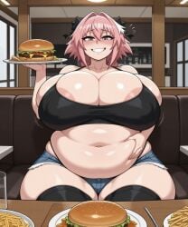 ai_generated astolfo_(fate) belly busty_male chubby chubby_femboy crop_top fat fate/apocrypha fate_(series) femboy food huge_belly huge_breasts jessicabreas male_with_breasts midriff overweight overweight_femboy overweight_male pink_eyes pink_hair plump short_shorts solo thick_thighs weight_gain wide_hips