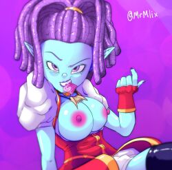 1girls areolae big_breasts blue_body blue_skin breasts cleavage clothing come_hither condom condom_in_mouth dragon_ball dragon_ball_super dreadlocks exposed_breasts female female_only inviting inviting_to_sex macki mouth_hold mrmlix naughty_face nipples pointy_ears purple_eyes purple_hair purple_lipstick seductive_smile