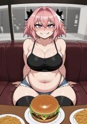 ai_generated astolfo_(fate) belly busty_male chubby chubby_femboy crop_top fate/apocrypha fate_(series) femboy food jessicabreas male_with_breasts midriff pink_eyes pink_hair plump short_shorts solo thick_thighs weight_gain wide_hips