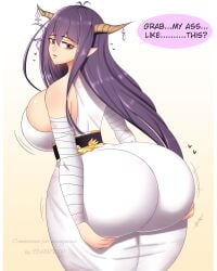 1girl 1girls ass ass_grab ass_in_dress big_ass big_breasts breasts bubble_ass bubble_butt danua draph_race_(granblue_fantasy) gigantic_ass granblue_fantasy hands_on_ass horns huge_ass open_mouth pointy_ears purple_hair red_eyes startop thick_ass