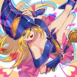 big_breasts black_magician_girl blonde_hair blue_eyes blue_outfit blush_stickers cute dark_magician_girl kanzaki_coula knee_boots konami long_hair looking_at_viewer looking_up no_bra smile staff tagme top_down_view wizard_hat wizard_staff yu-gi-oh! yu-gi-oh!_duel_monsters