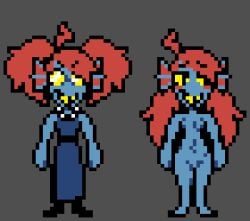alternate_costume alternate_universe animal_humanoid anthro aquatic aquatic_humanoid athletic athletic_anthro blue_body blue_clothing blue_dress blue_scales blue_skin blush breasts clothed clothing deltarune deltaswap digital_media_(artwork) dress eyewear female fin fish fish_humanoid footwear gem genitals glasses hair hair_down humanoid jewelry moronicpixels necklace nipples nude pearl_(gem) pearl_necklace pigtails pixel_(artwork) red_hair scales sharp_teeth simple_background slim small_breasts small_waist smile solo standing swapped_sigil teeth undertale_(series) undine undyne yellow_teeth