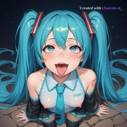 1girl absurdly_long_hair ahegao_face ai_assisted ai_generated aqua_eyes aqua_hair aqua_necktie bare_shoulders black_sleeves black_thighhighs collared_shirt detached_sleeves detailed_face facing_viewer hatsune_miku high_angle huge_eyes long_hair looking_at_viewer miniskirt naked official_art outdoors petite_breasts pleated_skirt portrait shoulder_tattoo sleeveless_shirt small_breasts smile solo thigh_boots twintails upper_body visible_breasts visible_nipples vocaloid white_shirt zettai_ryouiki