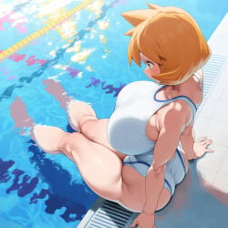 1girl ai_generated arm_support ass back bare_shoulders barefoot blush breasts busty clothing competition_swimsuit day feet feet_apart female from_behind green_eyes gym_leader huge_ass huge_breasts kasumi_(pokemon) knees_together knees_together_feet_apart lane_line large_ass large_breasts misty_(pokemon) misty_(pokemon_hgss) muscle muscular_female one-piece_swimsuit orange_hair partially_submerged pokemon pool poolside short_hair sitting soaking_feet solo sportswear swimsuit tank_suit thick_ass thick_thighs thighs water wet white_one-piece_swimsuit white_swimsuit
