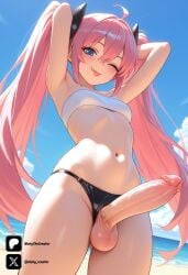 1futa 1girl ;p ahoge ai_generated armpits arms_behind_head arms_up beach below_view bikini black_bikini blue_eyes blue_sky breasts clothing clothing_aside cloud cock colored cowboy_shot day dick erection fang from_above from_below from_front front_view futa_only futanari futanari/female futanarization hair_between_eyes light_skin light_skinned_futanari long_hair looking_at_viewer looking_down looking_down_at_viewer low-angle_view milim_nava milim_nava_(that_time_i_got_reincarnated_as_a_slime) nava_milim navel nickythecreator ocean outdoors penis phimosis pink_hair sand sexy sexy_body sexy_pose sky small_breasts smile solo standing stomach strapless swimsuit tensei_shitara_slime_datta_ken testicles that_time_i_got_reincarnated_as_a_slime tits tongue tongue_out twintails uncensored veins veiny_penis very_long_hair water wink winking winking_at_viewer