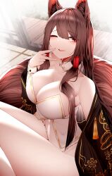 ;d absurdres akagi_(azur_lane) animal_ears ass azur_lane bangs breasts brown_hair cleavage collarbone commentary_request detached_collar dress female hair_between_eyes hair_tubes hand_to_own_mouth highres japanese_clothes large_breasts long_hair looking_at_viewer navel one_eye_closed red_eyes samip sidelocks sitting smile solo thighs white_dress wooden_floor