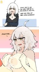 2koma ahoge disgusted fate/grand_order fate_(series) jeanne_alter jeanne_d'arc_alter_(fate) lunatheri paizuri simple_background tagme