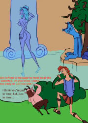 ass ass_focus athena athena_(hercules) bathing blue_body blue_hair blue_skin breasts brunette brunette_hair cape hercules_(character) hercules_(disney) horns nude nude_female nudity orange_hair pervert perverted philoctetes philoctetes_(hercules) satyr sideboob spy spying watching