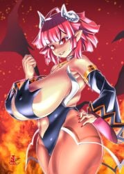 1girls alternate_version_available breasts demon demon_girl female female_only horns huge_breasts konmori_(kinbou_sokai) la_pucelle_tactics nipples nippon_ichi_software overlord_priere priere red_eyes skimpy_clothes thick_thighs