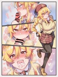 1boy 1girls angelica_rapha_redgrave blowjob blush clothed cum cum_in_mouth fellatio female_only licking licking_penis looking_at_viewer male open_mouth oral otome_game_sekai_wa_mob_ni_kibishii_sekai_desu penis sksk_sou tongue tongue_out