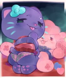 2026 anthro blep blue_flower blue_whiskers border butt canid canine canis chibi clothed clothed_anthro clothed_female clothing digital_media_(artwork) domestic_cat domestic_dog duo eyelashes featureless_hands feet felid feline felis female female/female female_anthro flower flower_on_head frido_(hello_kitty) hair hello_kitty_(series) hi_res hindpaw kneeling ligma_(artist) looking_at_viewer looking_back looking_back_at_viewer lying mammal on_back panties pawpads paws pink_body pink_clothing pink_hair pink_inner_ear pink_nose pink_panties pink_pawpads pink_tongue pink_underwear plant purple_body purple_ears red_clothing red_shirt red_topwear sanrio seiza shaded shirt simple_eyes sitting spread_legs spreading tail tongue tongue_out topwear underwear whiskers white_border