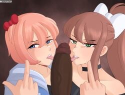 2girls aguacate_paltastico blowjob dark-skinned_male dark_skin doki_doki_literature_club fellatio imminent_oral interracial looking_at_viewer middle_finger monika_(doki_doki_literature_club) oral oral_sex pov pov_eye_contact sayori_(doki_doki_literature_club)