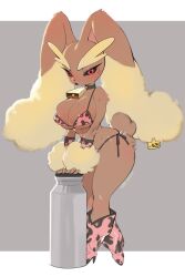 1girls anthro big_breasts bikini brown_hair collar cow_print cow_tag cowbell female female_only furry hourglass_figure itsfuckingfurry looking_at_viewer lopunny nintendo pokémon_(species) pokemon pokemon_(species) red_eyes sweat sweatdrop tagme thick_thighs yuio