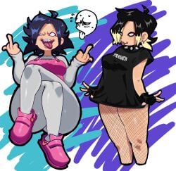 asian_female big_breasts black_hair bottom_heavy chubby_female crossed_legs d-side_nene fat_ass female female_only fishnets friday_night_funkin huge_ass huge_breasts large_breasts middle_finger nene_(newgrounds) newgrounds pico's_school sharp_teeth short_hair teasing thick_thighs tight_clothing white_eyes wide_hips