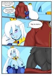 absurd_res adventure_time anthro blue_body blue_skin blush breasts canid canine canis cartoon_network clothed clothing comic crown digital_media_(artwork) duo english_text female fur hair headgear hi_res human humanoid ice_queen long_hair male male/female mammal nipples not_furry smile tail text white_hair wolf zeroviks