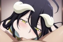 1boy 1girl ahoge ai_generated albedo_(overlord) bangs bar_censor black_hair blush breasts censored cleavage clothed_female_nude_male demon_girl demon_horns eyebrows_visible_through_hair fellatio gloves hair_between_eyes half-closed_eyes hetero horns indoors kneeling large_breasts long_hair looking_at_viewer male_pubic_hair mosaic_censoring multicolored_hair nail_polish nose_blush nude on_back oral overlord_(maruyama) penis pov pov_crotch pubic_hair saliva school_uniform slit_pupils smile solo_focus sweat thighhighs uncensored white_gloves wings yellow_eyes yumekonyan