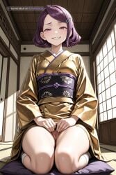 1girl ai_assisted ai_generated beautiful closed_eyes day dress general grayscale grin hairclip high_contrast highres indoors looking_at_viewer mole_under_eye no_nose obi perfect_anatomy purple_eyes purple_hair pussy seiza sharp_teeth short_hair sitting_on_chair slit_pupils smile smug socks tatami upskirt_view valkyria_chronicles valkyria_chronicles_4