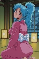 1girl ai_generated ass barefoot blue_hair blush botan breasts digitalwaifugallery hi_res high_quality high_resolution indoors japanese_clothes kimono long_hair looking_at_viewer looking_back night parted_lips patreon pink_kimono ponytail purple_eyes sash seductive seiza sexy sitting solo tatami uncensored watermark yu_yu_hakusho