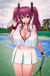 1girls azur_lane big_breasts breasts bremerton_(azur_lane) female female_only huge_breasts red_hair see-through_clothing solo solo_female tennis_racket tennis_uniform wingr