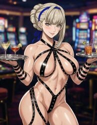 1girls ai_generated big_breasts black_tape black_tape_project breasts casino close-up merope_(persona) persona persona_5 persona_5:_the_phantom_x public_indecency shiny_skin smile smiling smiling_at_viewer tape taped_nipples taped_pussy waitress