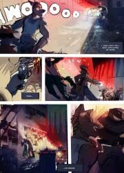 absurd_res balls blood blood_splatter bodily_fluids canid canine canis clothing comic english_text eyebrows fellatio genitals gun gunshot hat headgear headwear hi_res humanoid male mammal nolansnsfw oral penile penis ranged_weapon sex text weapon wolf