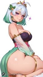 1girl ahoge ai_generated anklet artist_name ass bangs bare_shoulders barefoot black_choker blush breasts choker cleavage closed_mouth collarbone detached_sleeves dress earrings feet flower green_hair hair_flower hair_ornament jewelry large_breasts lily lily_everhart lips looking_at_viewer multicolored_hair no_panties palworld patreon purple_eyes sash see-through see-through_sleeves seiza senpai_pixels sensitive short_hair simple_background sitting smile soles solo strapless thighs toes white_background