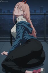 1girl ai_generated ass black_necktie black_pants blue_jacket breasts chainsaw_man collared_shirt cross-shaped_pupils demon_horns digitalwaifugallery hair_between_eyes hi_res high_quality high_resolution hood hoodie horns jacket large_breasts long_hair looking_at_viewer necktie night pants patreon patreon_logo patreon_username pink_hair power_(chainsaw_man) red_footwear red_horns seductive sexy shirt shoes sky smile solo symbol-shaped_pupils uncensored watermark white_shirt yellow_eyes