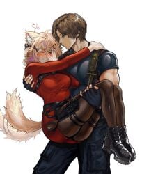1boy 1girl animal_ears ass black_footwear blonde_hair blue_eyes blush boots breasts brown_hair fingerless_gloves gloves hair_ornament hairclip heart holster indie_virtual_youtuber large_breasts leon_scott_kennedy one_eye_closed pants princess_carry squchan_(vtuber) tail thigh_strap virtual_youtuber vyugen x_hair_ornament